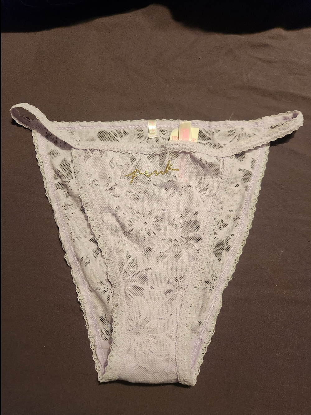 PINK Victoria's Secret Lavender Floral Lace Bikini Panty with Gold Script